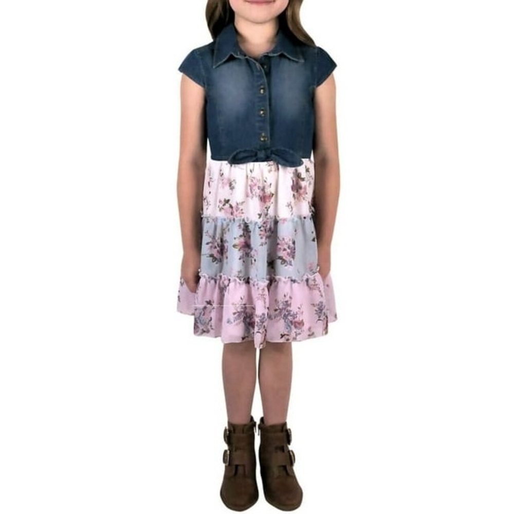 Zunie Girl's Denim Chiffon Tiered Floral Print Dress